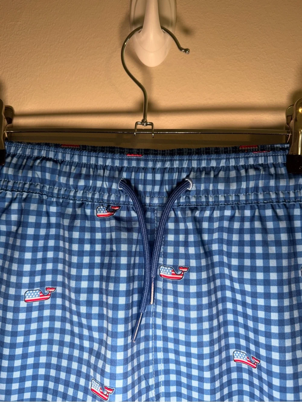 Vineyard Vines Kids Blue Gingham USA Flag Whale Swim Trunks Size L
